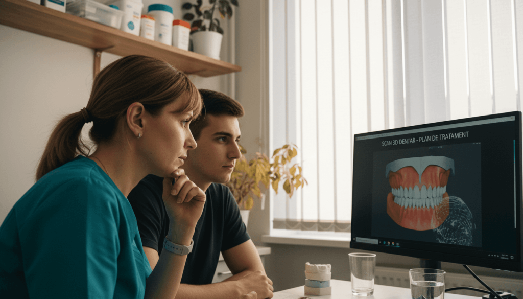 Medic stomatolog și pacientul analizează împreună rezultatele unei scanări digitale.
