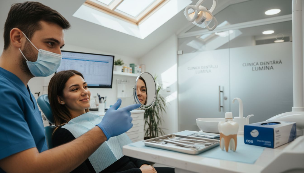 Medicul stomatolog îi arată pacientului noile fațete dentare și îi explică beneficiile acestora.