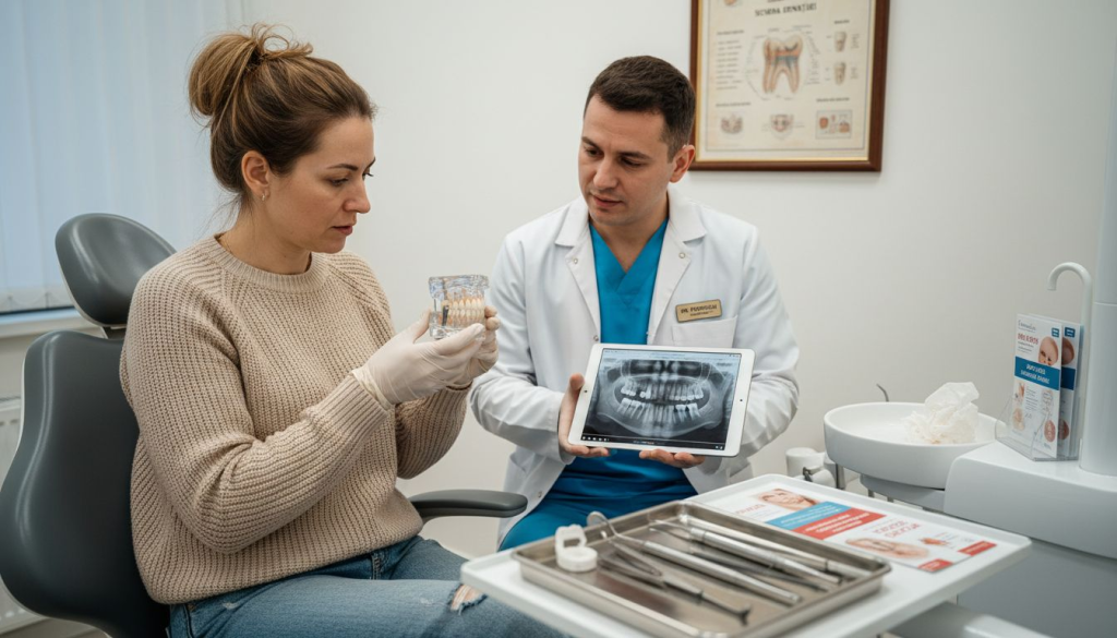 Pacientul stă de vorbă cu medicul stomatolog despre posibilitatea de a-și pune un implant dentar.