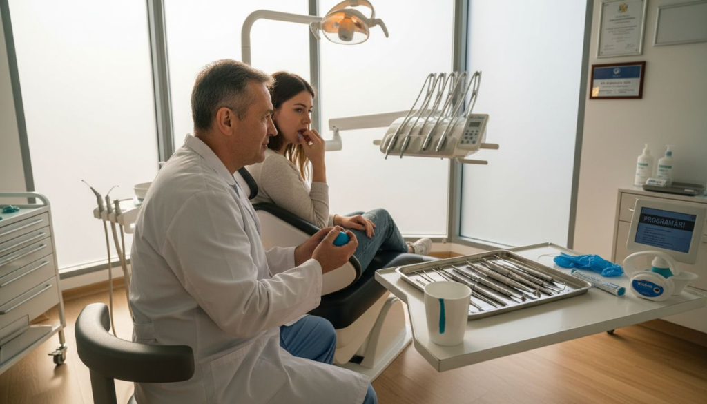 Medic stomatolog întâmpină cu căldură un pacient emoționat la cabinet, încercând să îl liniștească și să îi ofere încredere înainte de consultație.