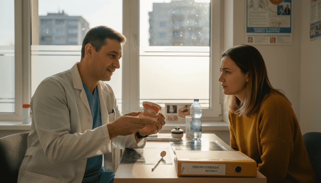 Medicul stomatolog îi prezintă unui pacient adult diferitele opțiuni de tratament ortodontic, explicând care sunt cele mai potrivite soluții pentru corectarea dinților.