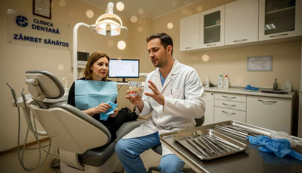 Medicul stomatolog îi explică pacientului ce presupune un implant dentar și răspunde la întrebările acestuia.