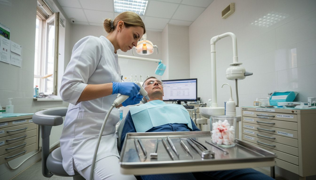 Medicul stomatolog se pregătește să realizeze o albire dentară cu laser pentru pacient.