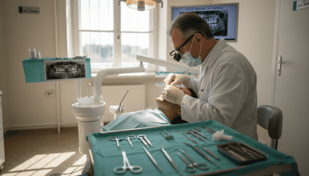 Medic stomatolog care montează un implant dentar de ultimă generație