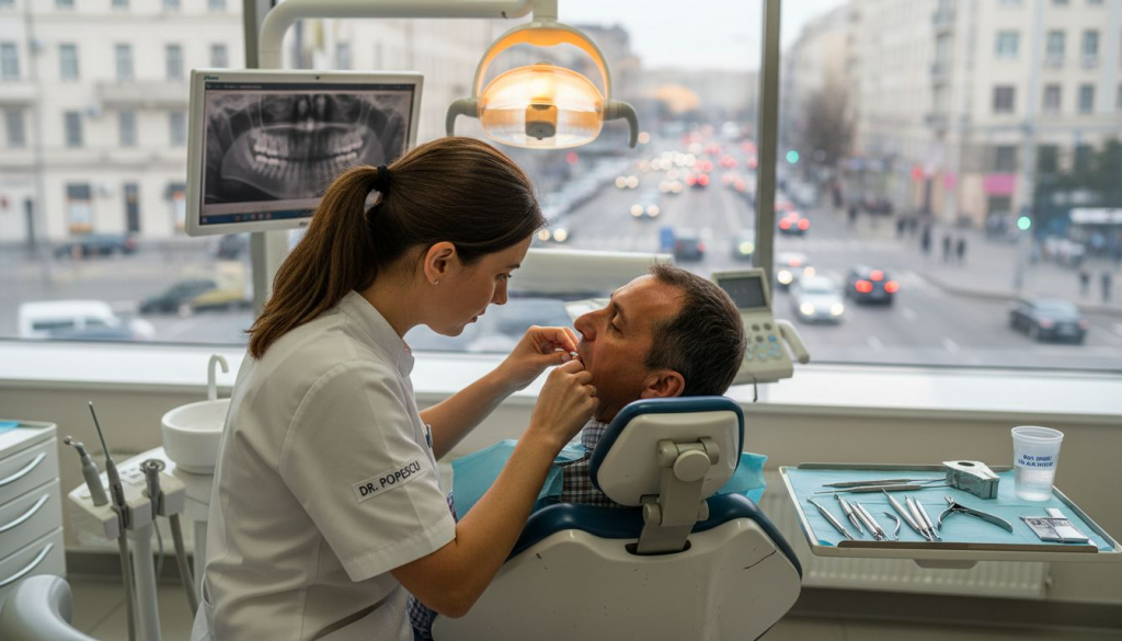 Medicul stomatolog reglează aparatul ortodontic la un pacient adult.