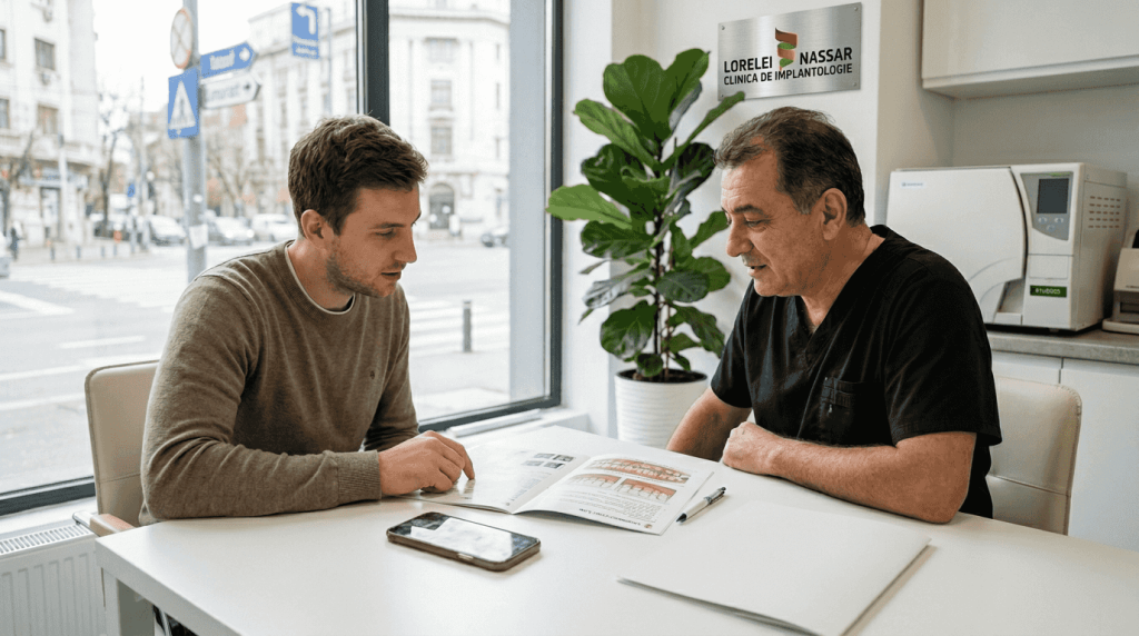 De ce să alegi turismul dentar: ghid complet 2026 7 Într-un cabinet stomatologic modern, medicul și pacientul stau de vorbă despre tratament.