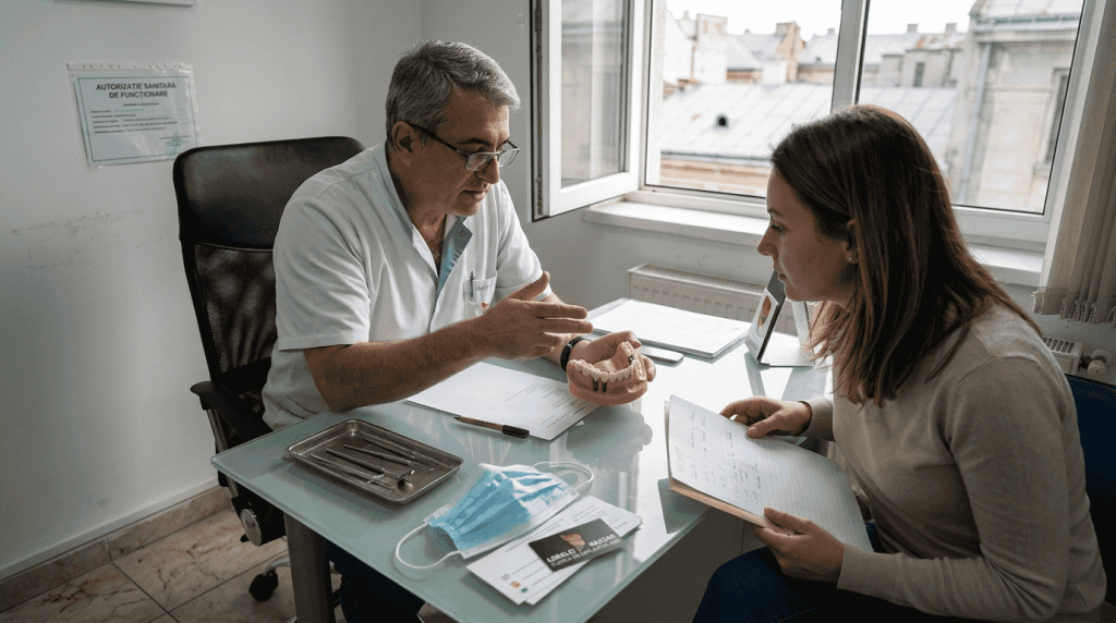 Alinierea dinților la adulți: soluții moderne 2026 5 Medicul stomatolog discută cu un pacient adult despre planul de tratament ortodontic și opțiunile disponibile.