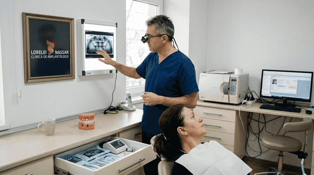 Lista procedurilor stomatologice avansate pentru 2026 4 Medicul stomatolog analizează cu atenție o radiografie într-un cabinet luminos și modern.