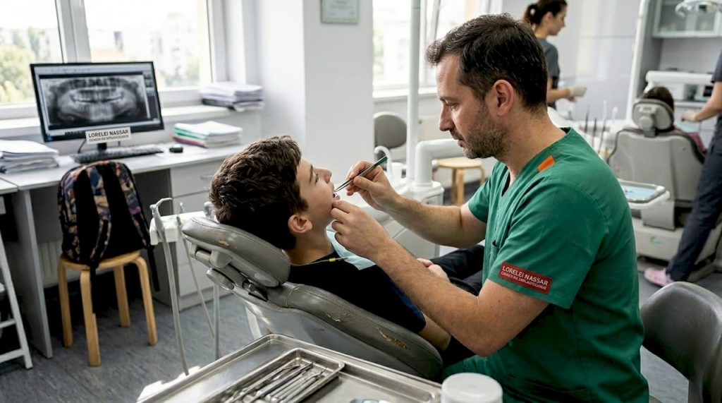 Medicul ortodont montează aparat dentar cu bracket-uri.