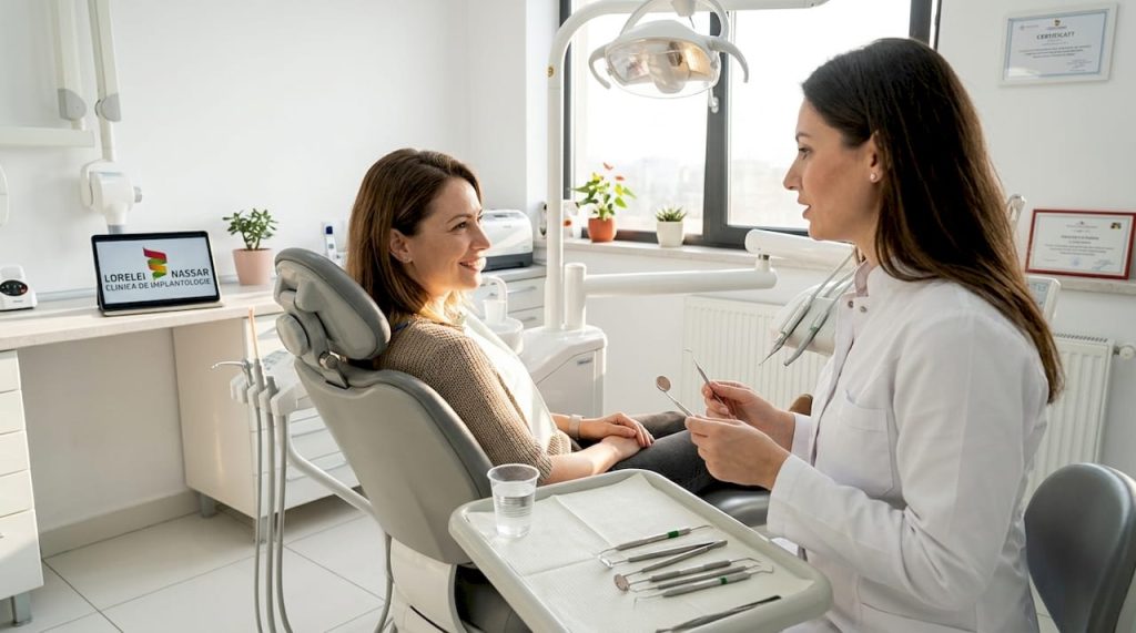 Pacientul discută cu medicul stomatolog în cabinet despre opțiunile de tratament.