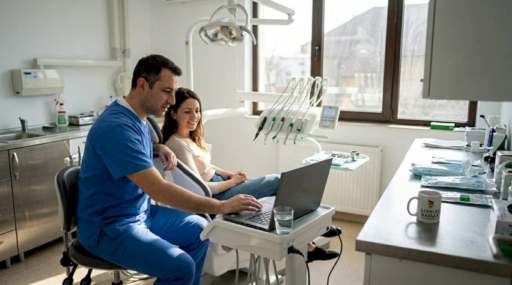 Medicul stomatolog discută cu pacientul în cabinet, oferindu-i sfaturi și răspunsuri la întrebări legate de sănătatea dentară.