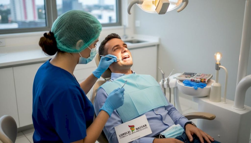 Dentistul îl consultă pe pacient și îi verifică dinții în cabinet.