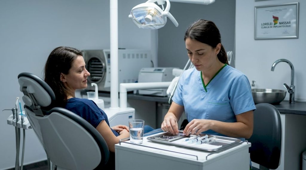 Un pacient este la cabinetul stomatologic pentru o procedură de albire a dinților.