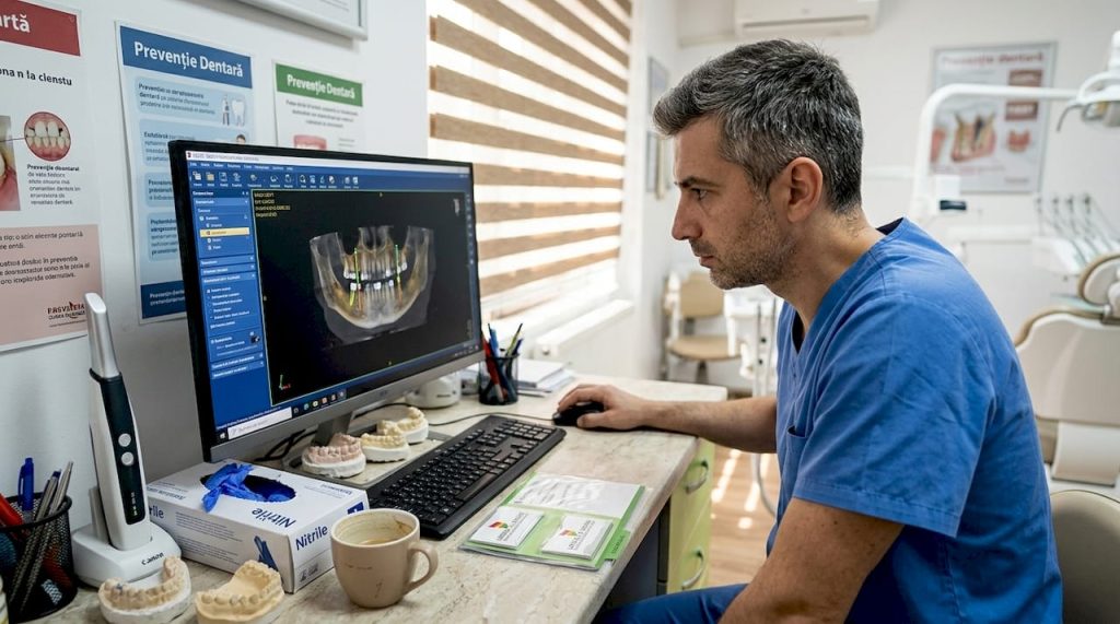 Medic stomatolog analizând o scanare 3D într-un cabinet modern