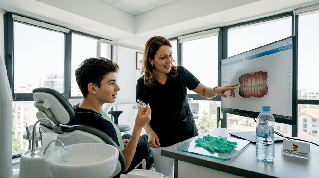 Un adolescent stă de vorbă cu medicul ortodont despre tratamentul cu Invisalign