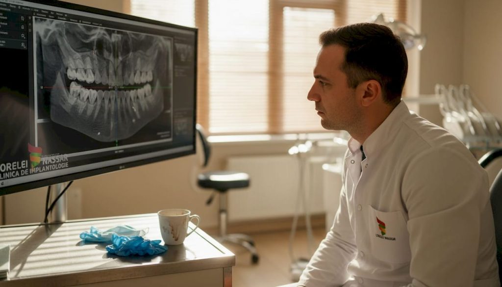 Medic stomatolog examinând o scanare 3D pe ecranul computerului