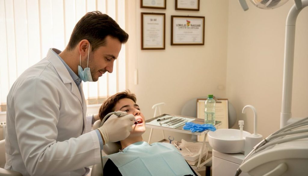 Un medic stomatolog efectuează o igienizare dentară într-un cabinet cochet și intim.