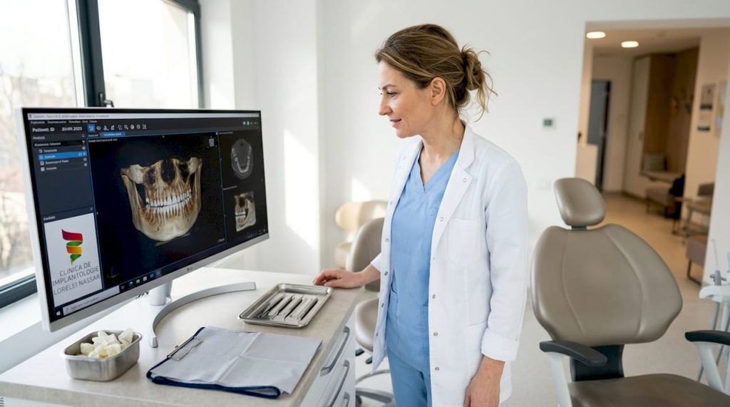 Medic stomatolog analizează o scanare dentară într-o clinică din București.