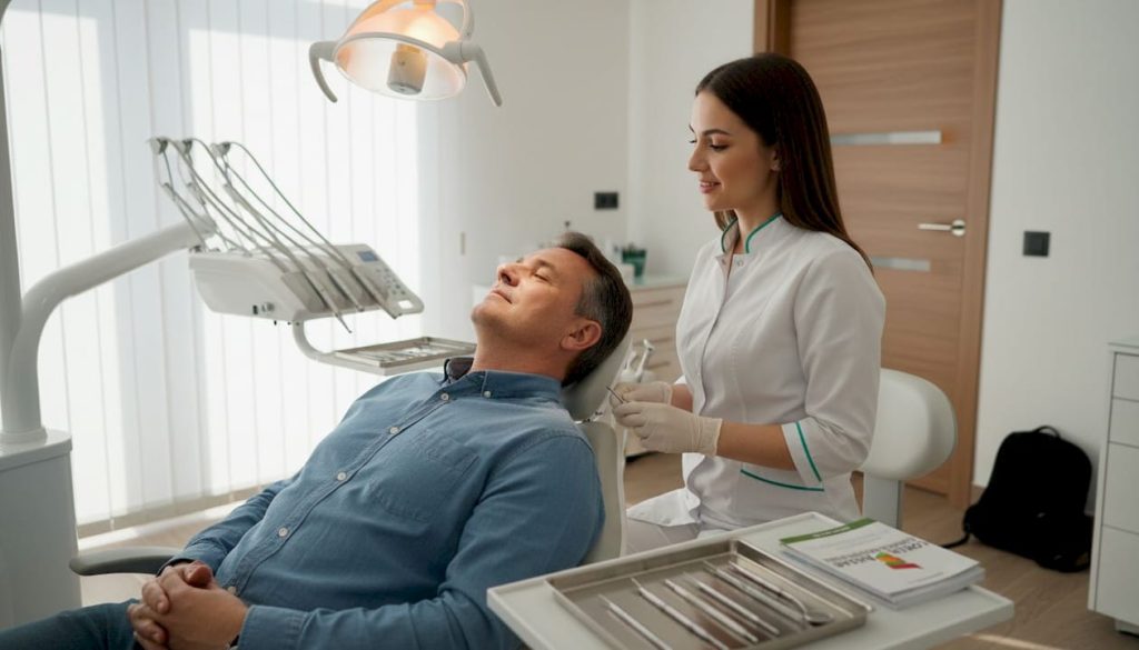 Un pacient se bucură de confortul unui scaun stomatologic de ultimă generație, relaxat și fără griji.