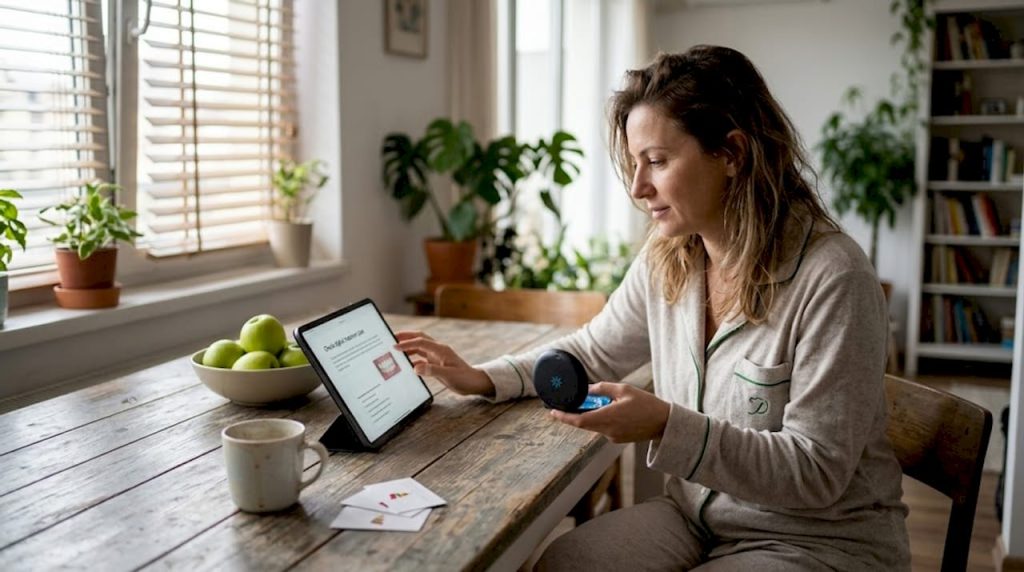 O femeie adultă își pregătește gutiera Invisalign la masa din bucătărie.