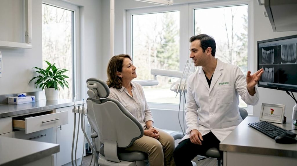 Discuție între o pacientă și medicul stomatolog, într-un cabinet dotat cu aparatură modernă