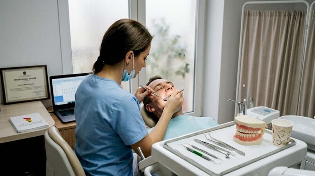 Medicul stomatolog analizează dantura pacientului pentru a stabili dacă fațetele dentare sunt o opțiune potrivită.