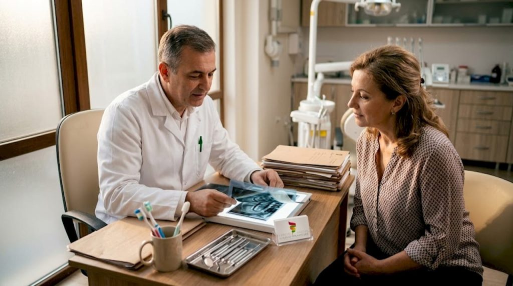 Medic stomatolog care explică pacientului diversele opțiuni de tratament dentar disponibile, astfel încât acesta să poată lua cea mai bună decizie pentru sănătatea sa orală.