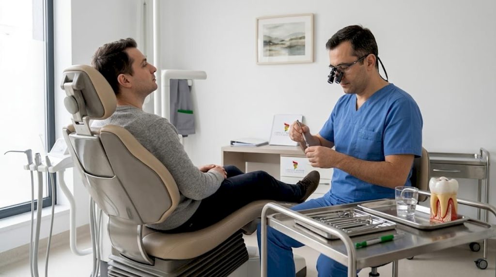 Medic stomatolog în timpul unei intervenții de implant dentar în cabinet