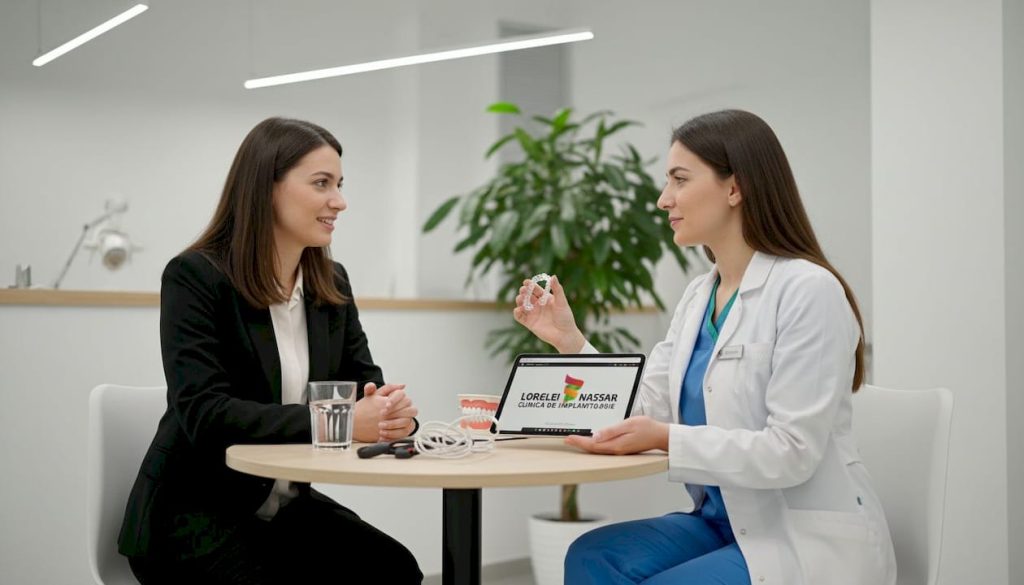 Pacientul poartă o discuție cu medicul stomatolog despre opțiunea de tratament cu Invisalign, chiar în cabinet.