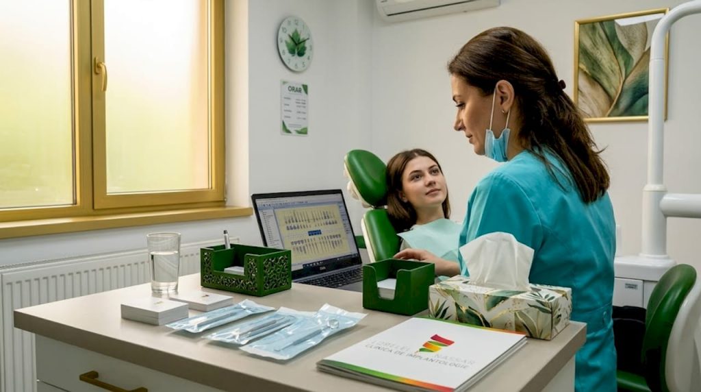 Medicii stomatologi discută împreună cu pacientul despre situația danturii, analizând fișa medicală și explicând eventualele tratamente recomandate.