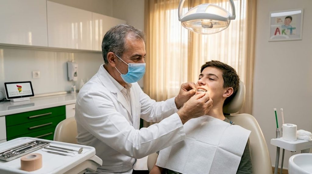 Un adolescent își pune aparat dentar la recomandarea medicului ortodont.