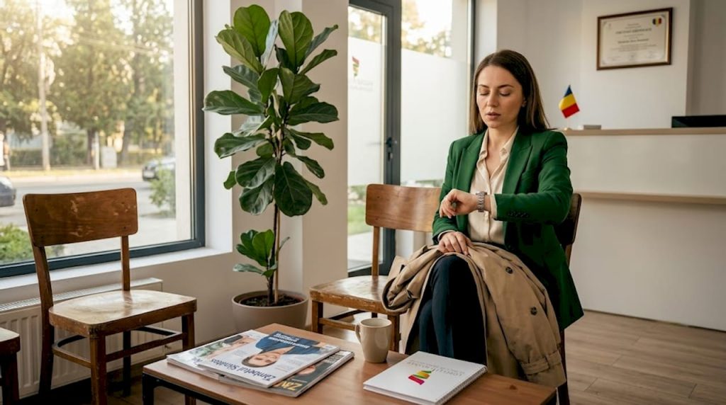 O femeie așteaptă liniștită în sala de așteptare a cabinetului stomatologic.