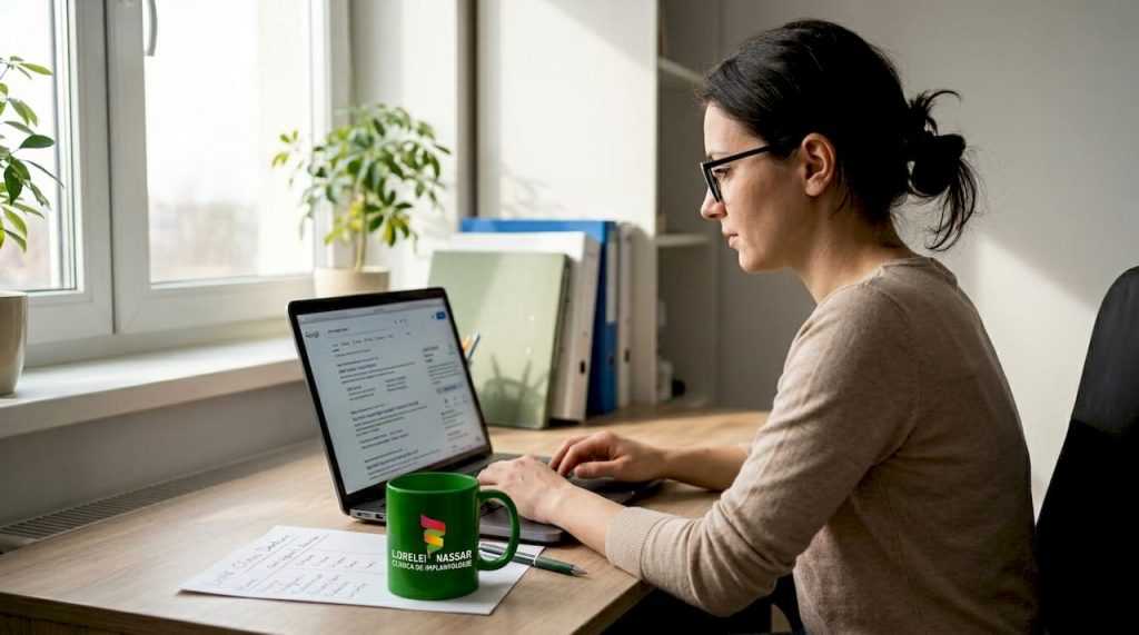 O femeie își caută o clinică stomatologică pe internet.