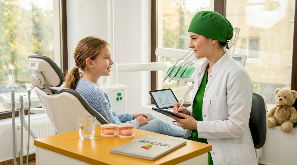 Adolescentă la control stomatologic pentru a-și pune aparat dentar