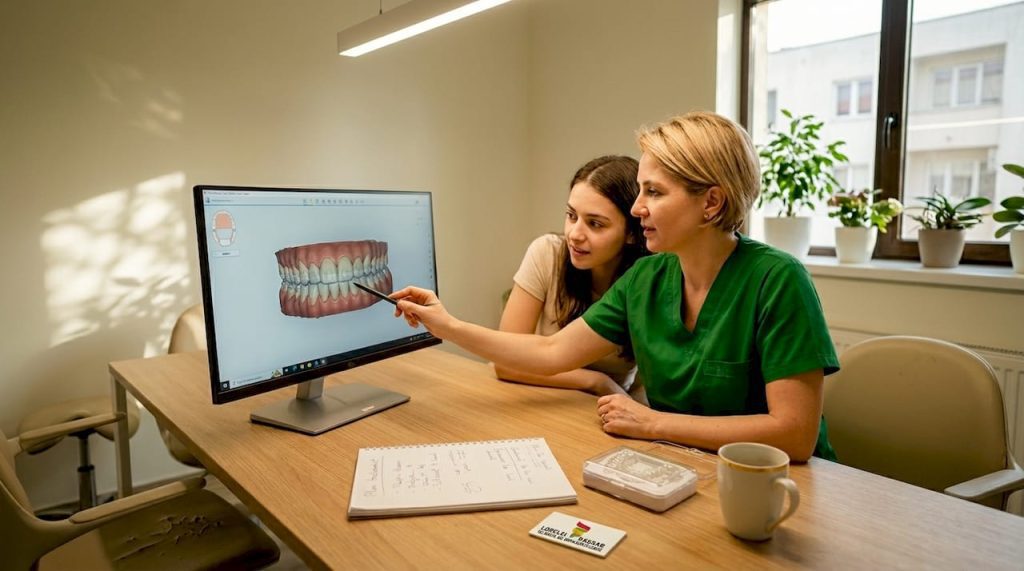 Tehnologii moderne în ortodonție: rezultate previzibile 4 Ortodontul îi explică pacientului rezultatele scanării digitale și îi arată pe monitor cum arată structura dinților.