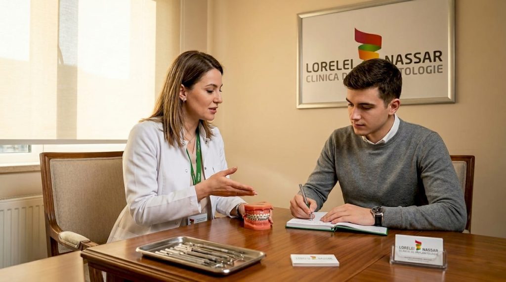 Invisalign vs aparat dentar clasic: ghid complet pentru pacienți 7 Medicul ortodont discută cu pacientul la masa de consultație.