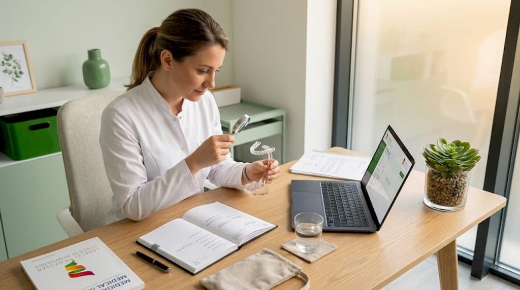 Medic ortodont examinând o gutieră Invisalign la cabinet