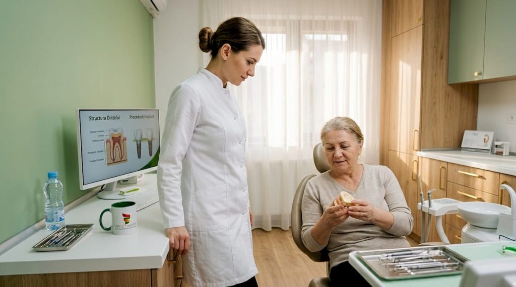 Medicul stomatolog poartă o discuție cu pacientul despre opțiunile de tratament dentar.