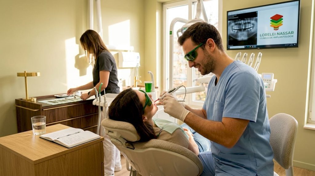 Medicul stomatolog folosește laserul dentar în timpul tratamentului unui pacient.