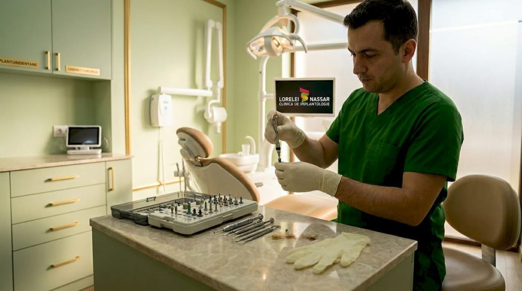 Chirurgul stomatolog pregătește instrumentele necesare pentru implantul dentar.