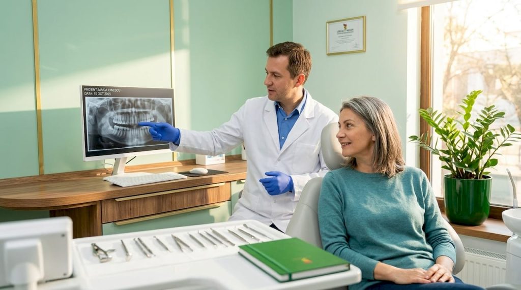 Medicul stomatolog discută cu pacientul în cabinet, oferindu-i sfaturi și recomandări pentru sănătatea dinților.