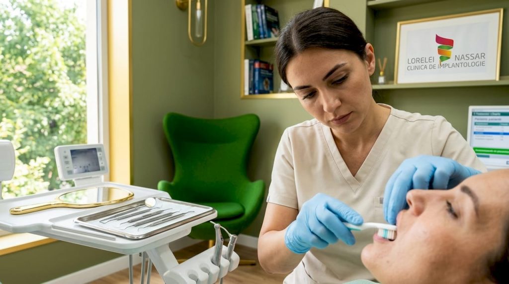 Igienistul dentar efectuează o curățare profesională a implantului dentar.