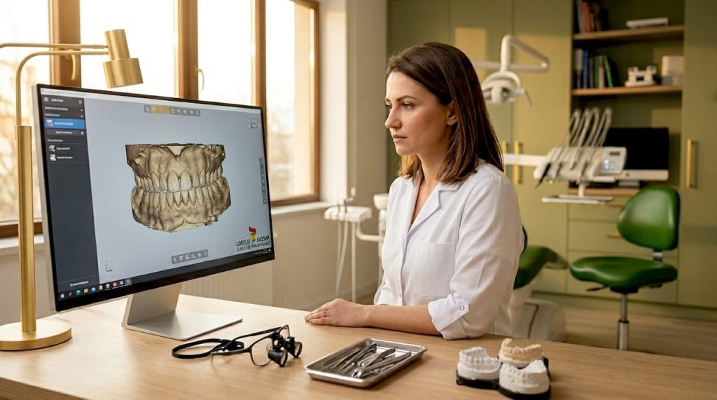 Ortodontista care utilizează tehnologia de diagnosticare 3D direct în cabinet pentru evaluări precise și tratamente personalizate.
