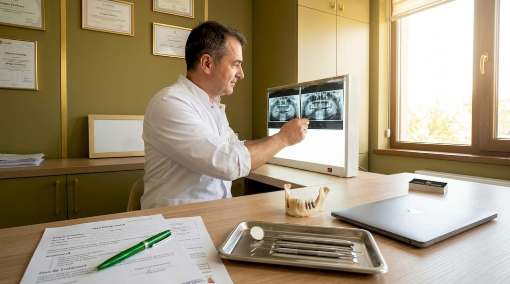 Chirurgul stomatolog analizează radiografiile pentru implanturi dentare