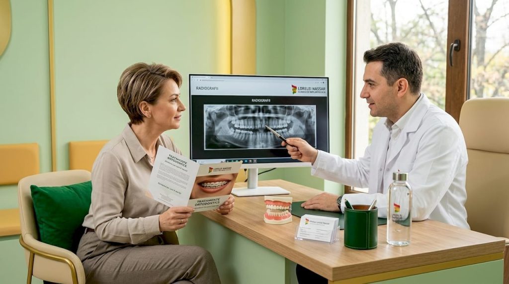 Consultație ortodontică pentru adulți într-o clinică modernă și luminoasă