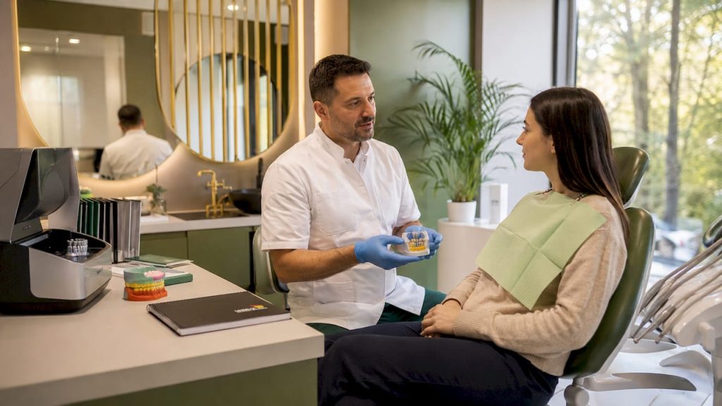 Medicul stomatolog îi explică pacientului opțiunile pentru implanturi dentare și îi răspunde la întrebări, astfel încât acesta să poată lua cea mai bună decizie pentru sănătatea lui orală.