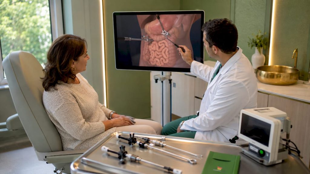 Consultație de specialitate între medic și pacient pentru intervenții de chirurgie minim invazivă