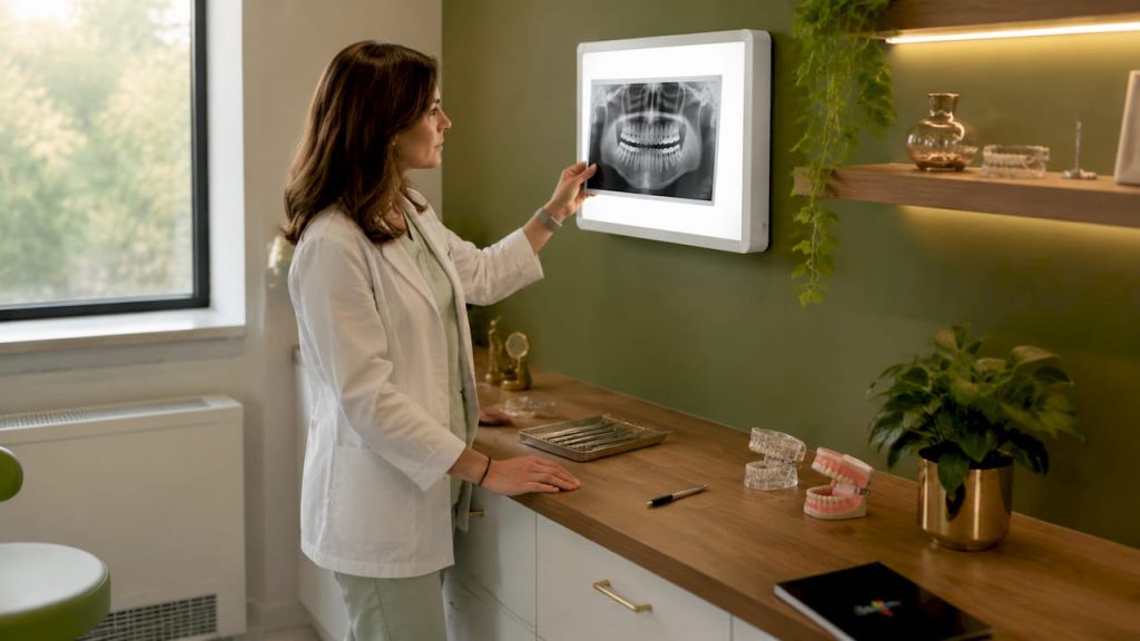 Medicul ortodont analizează atent o radiografie dentară pentru a evalua sănătatea și alinierea dinților.