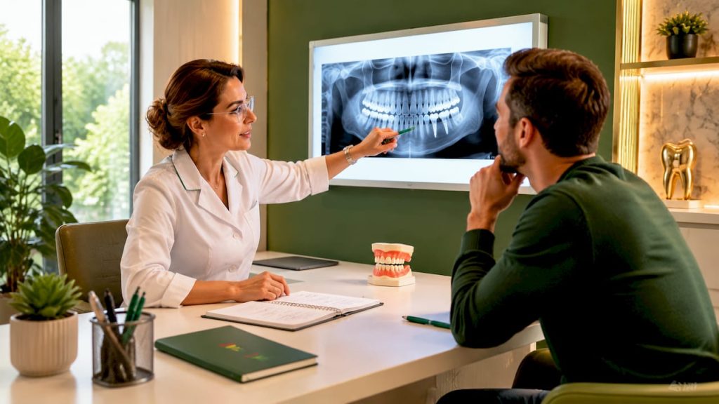 Medic stomatolog analizând radiografiile dentare împreună cu pacientul și explicând rezultatele.