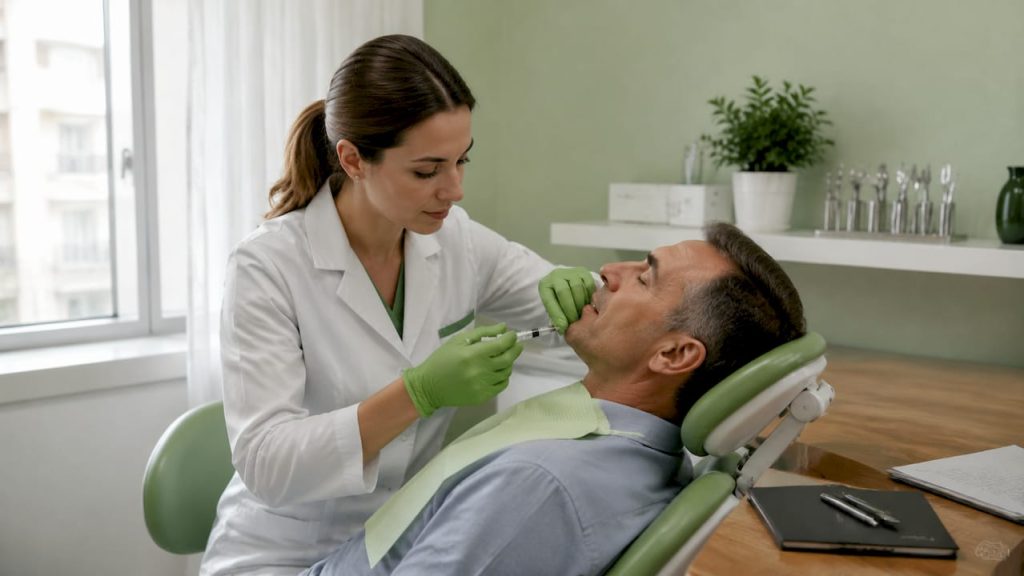 Medicul stomatolog aplică anestezie locală înainte de inserarea implantului dentar.